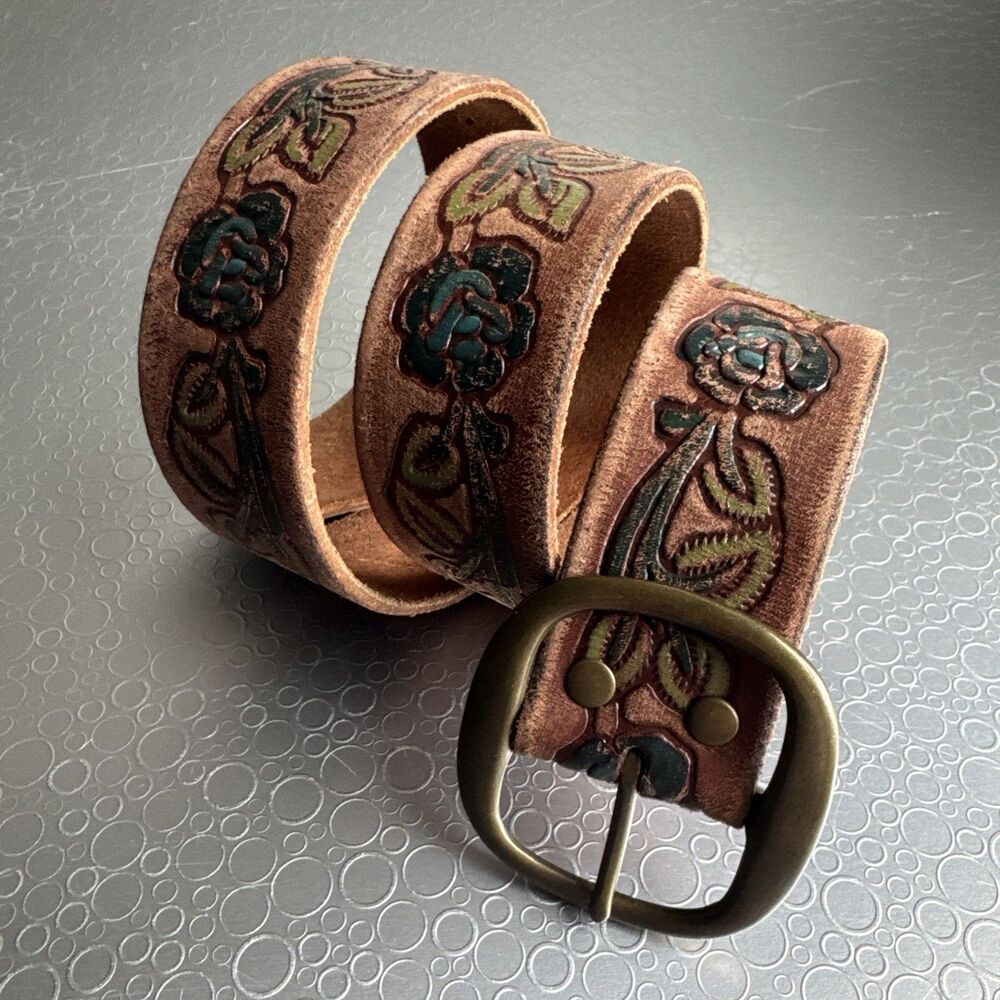 Vtg Y2K Abercrombie & Fitch Painted Floral Tooled Leather Western Belt - Size L